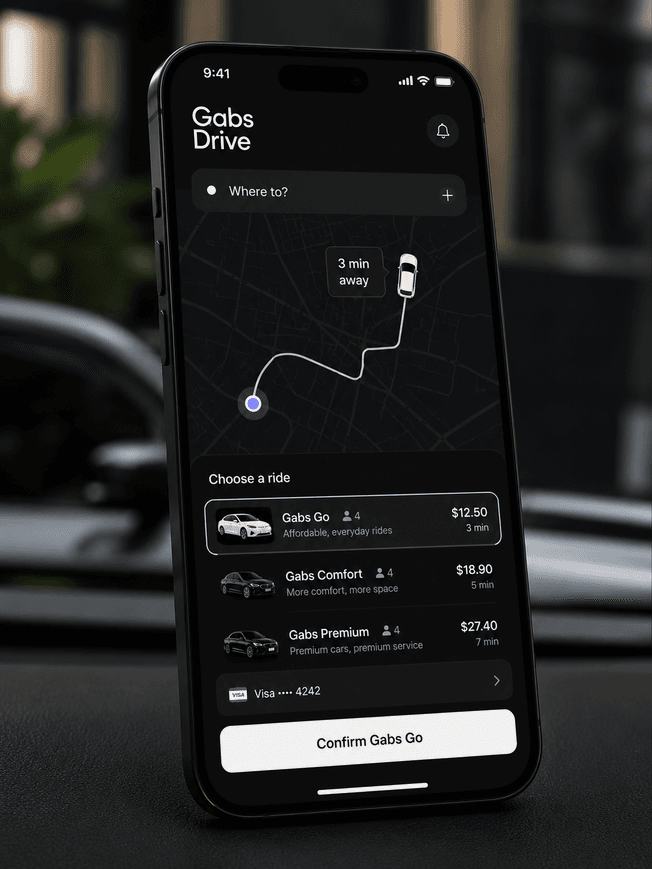 The Gabs Drive app showing ride options and trip confirmation on a phone